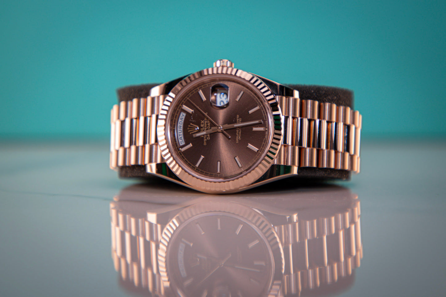2024 Rolex Day-Date Rose Gold Chocolate Dial Index 228235