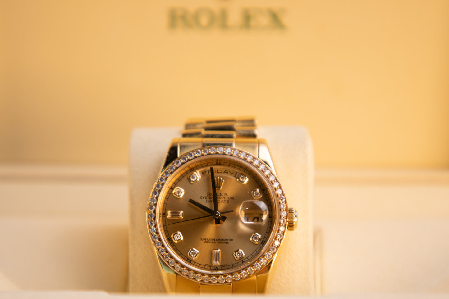 2006 Rolex Day-Date 36mm Diamond Champagne Dial Diamond Bezel 118238