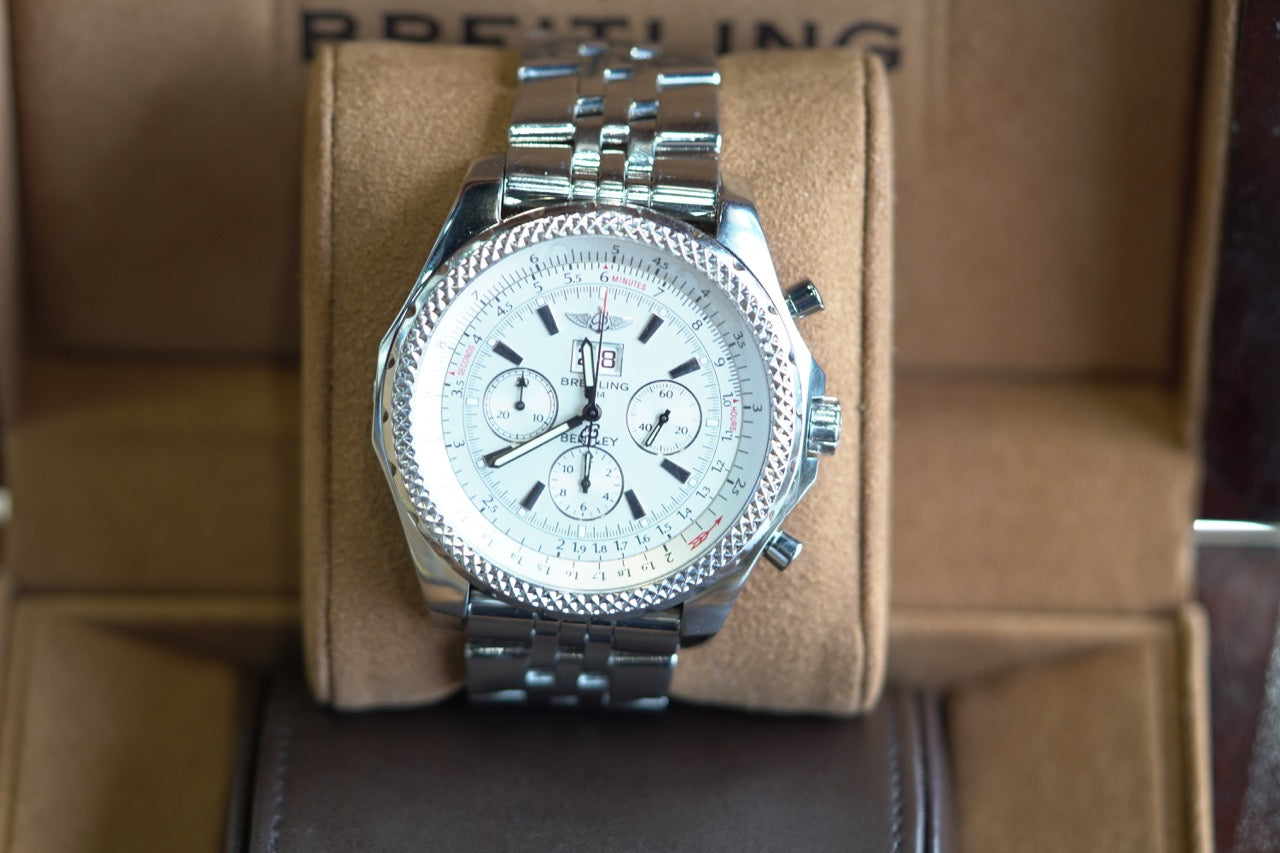 Breitling Bentley Stainless Steel 48mm White Bracelet Box & Papers A44362