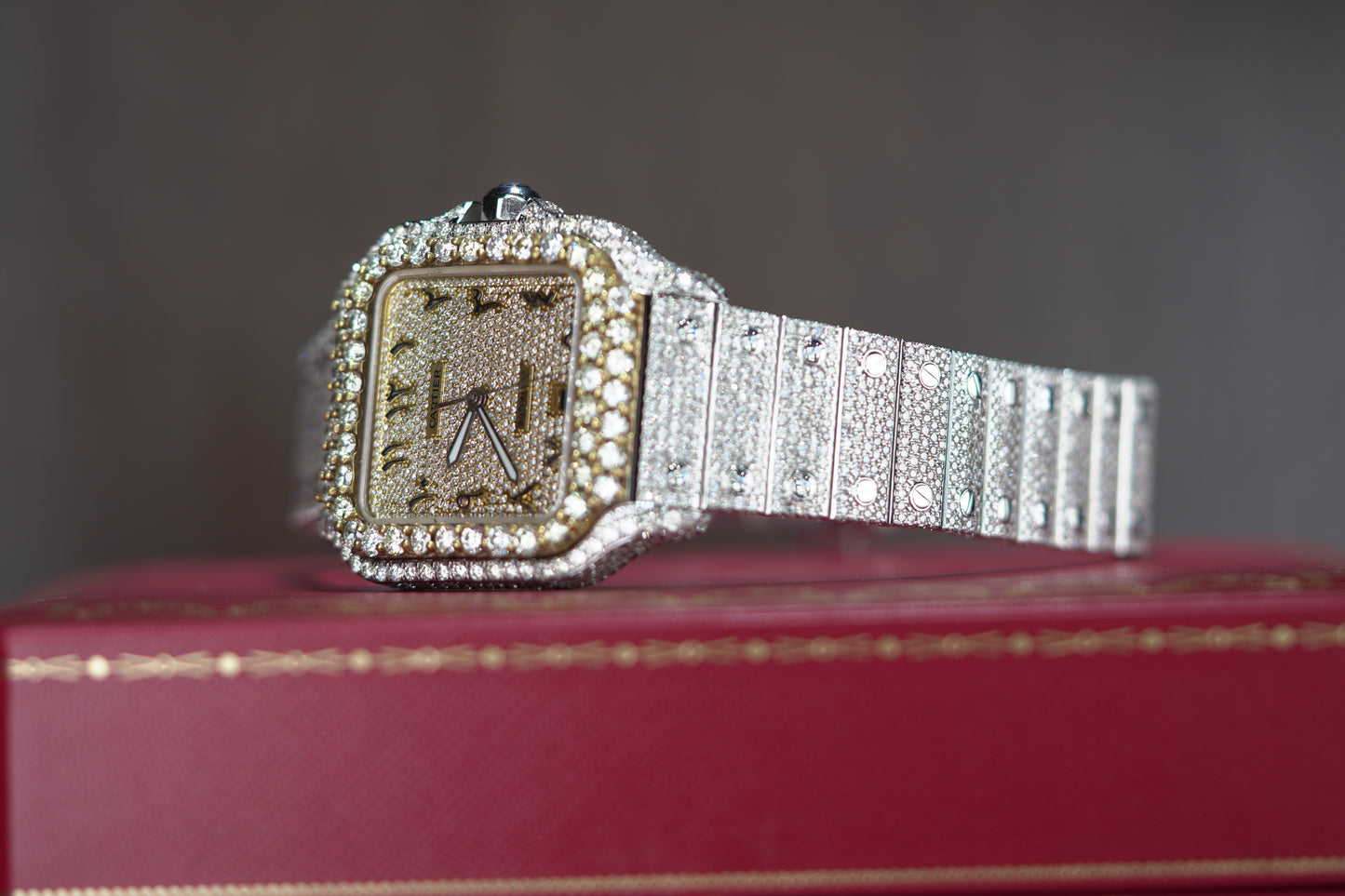 Cartier Santos Large Two Tone Yellow Bustdown 40mm Diamonds Bracelet Watch Only WSSA0018