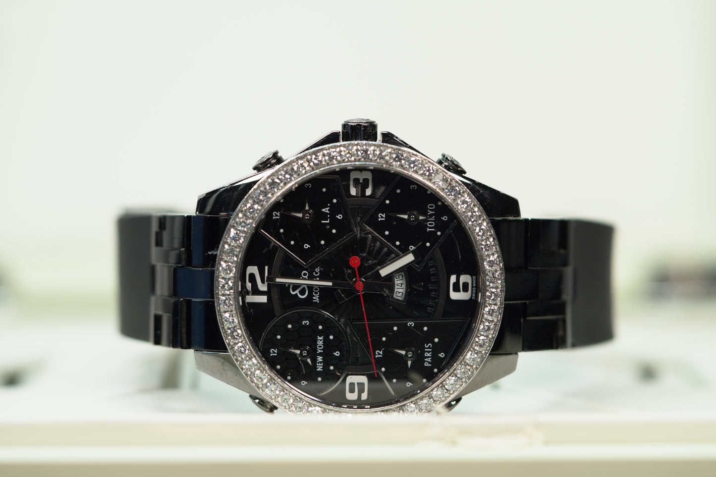 Jacob & Co. 5 Time Zone PVD Factory Diamond Bezel 47mm Black Leather Watch Only JACOBPVDD
