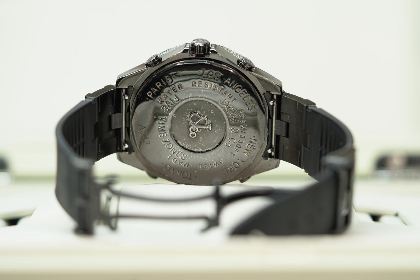 Jacob & Co. 5 Time Zone PVD Factory Diamond Bezel 47mm Black Leather Watch Only JACOBPVDD
