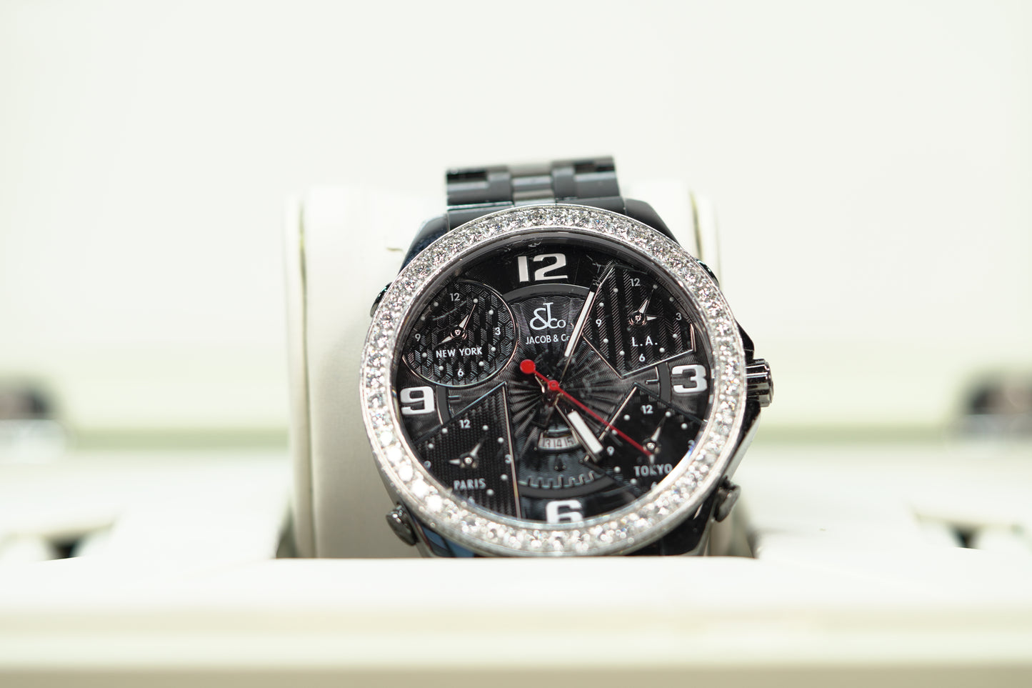 Jacob & Co. 5 Time Zone PVD Factory Diamond Bezel 47mm Black Leather Watch Only JACOBPVDD