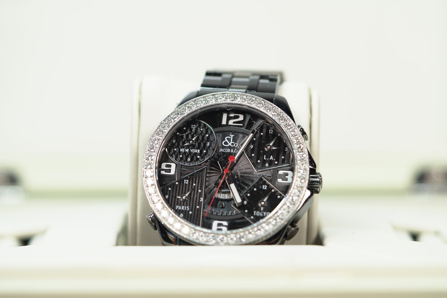 Jacob & Co. 5 Time Zone PVD Factory Diamond Bezel 47mm Black Leather Watch Only JACOBPVDD