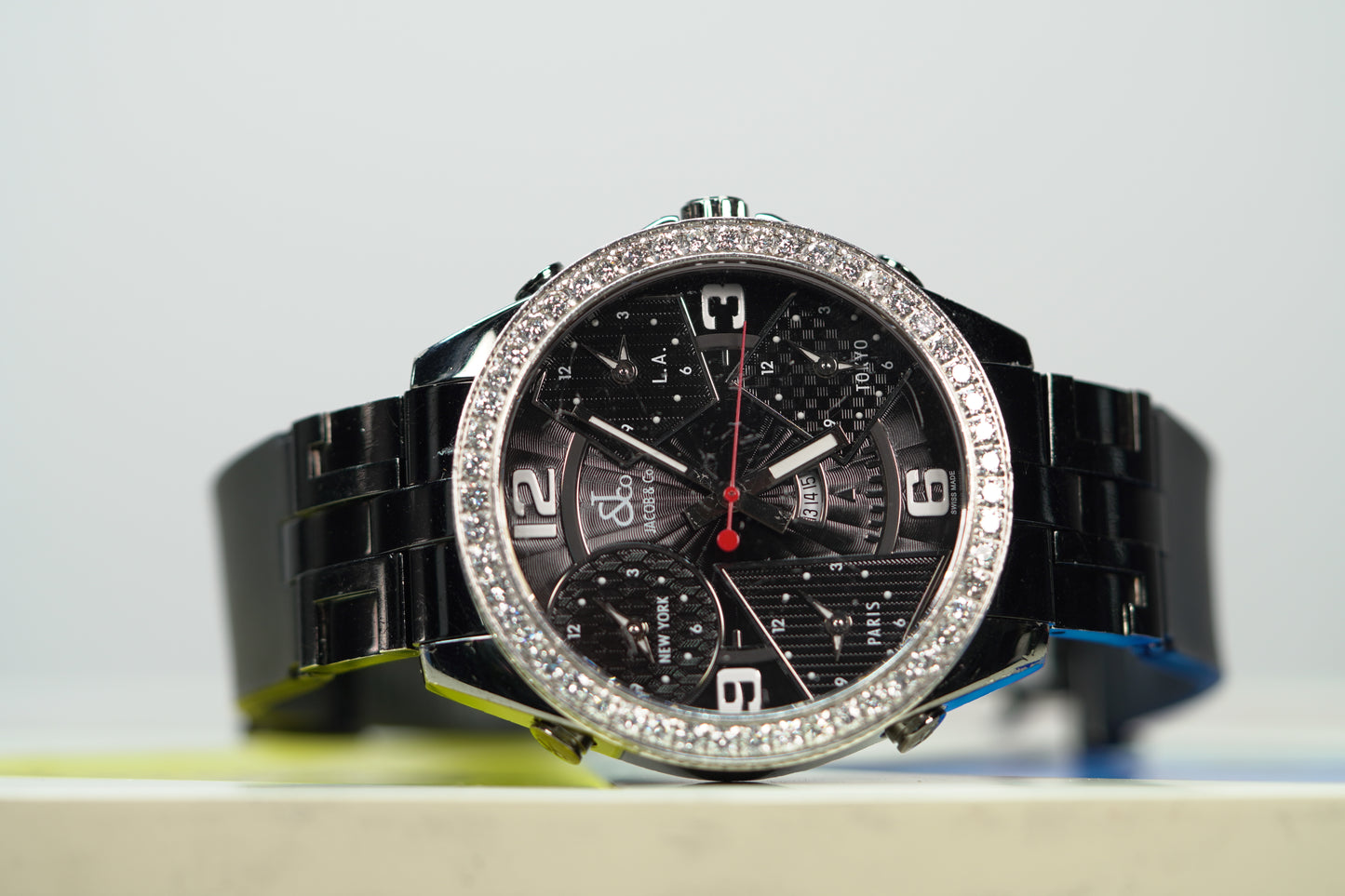 Jacob & Co. 5 Time Zone PVD Factory Diamond Bezel 47mm Black Leather Watch Only JACOBPVDD