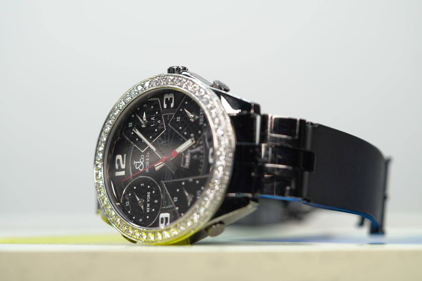 Jacob & Co. 5 Time Zone PVD Factory Diamond Bezel 47mm Black Leather Watch Only JACOBPVDD