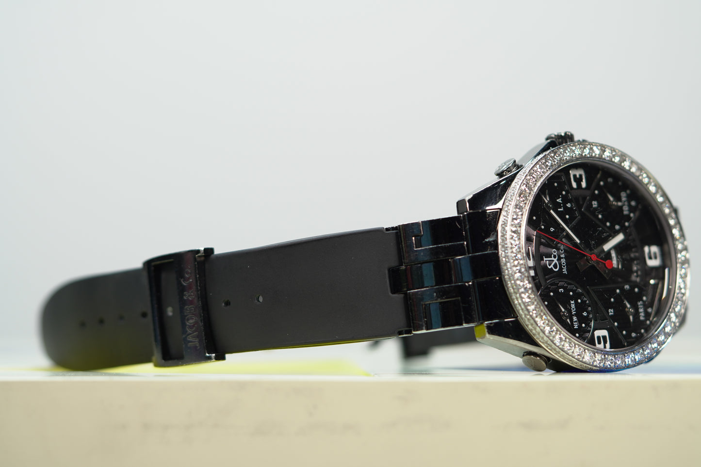 Jacob & Co. 5 Time Zone PVD Factory Diamond Bezel 47mm Black Leather Watch Only JACOBPVDD