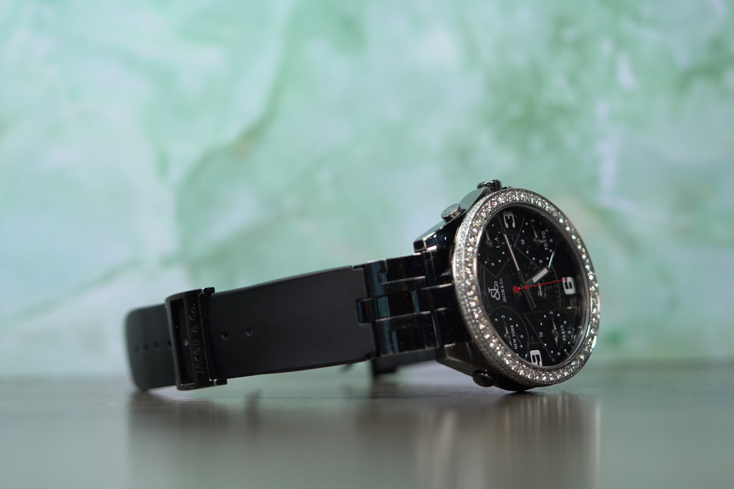 Jacob & Co. 5 Time Zone PVD Factory Diamond Bezel 47mm Black Leather Watch Only JACOBPVDD
