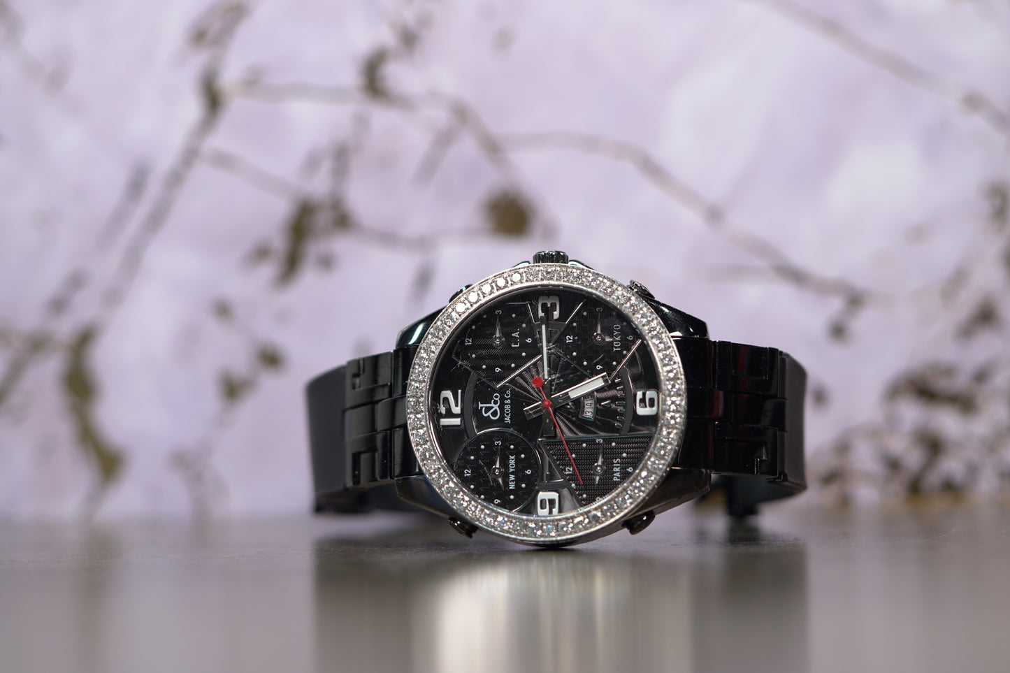 Jacob & Co. 5 Time Zone PVD Factory Diamond Bezel 47mm Black Leather Watch Only JACOBPVDD