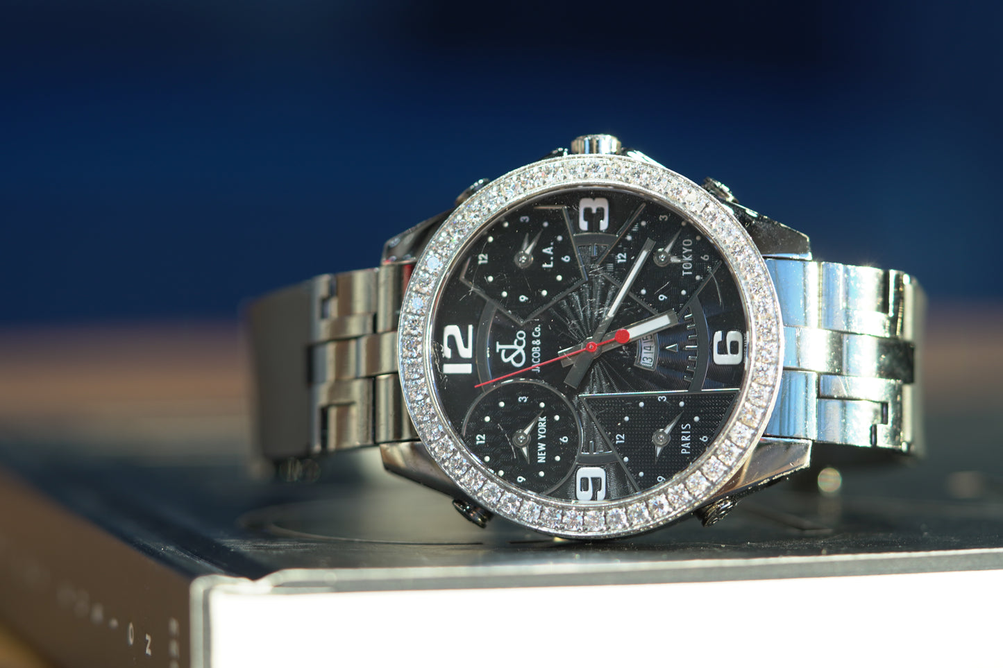 Jacob & Co. 5 Time Zone PVD Factory Diamond Bezel 47mm Black Leather Watch Only JACOBPVDD