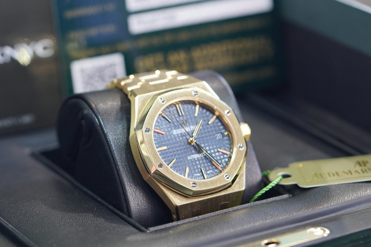 Audemars Piguet Royal Oak Yellow Gold 37mm Blue Bracelet Box & Papers 2017 15450BA