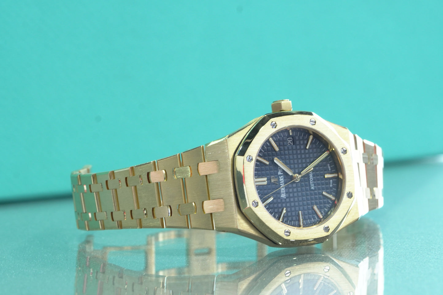 Audemars Piguet Royal Oak Yellow Gold 37mm Blue Bracelet Box & Papers 2017 15450BA