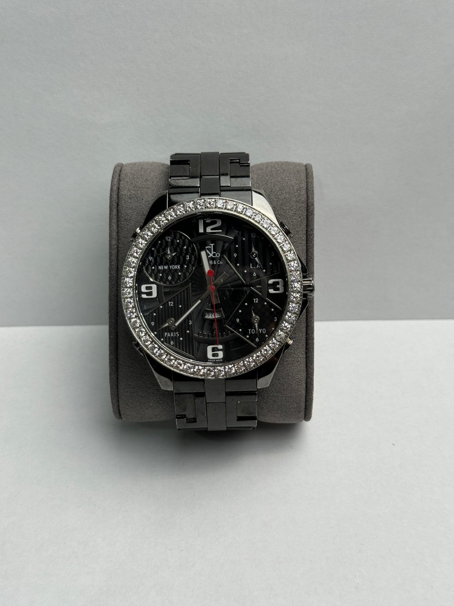 Jacob & Co. 5 Time Zone PVD Factory Diamond Bezel 47mm Black Leather Watch Only JACOBPVDD