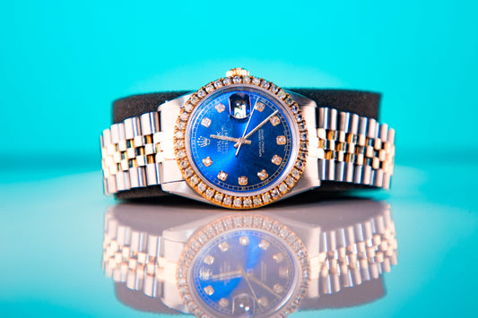 Rolex Datejust 36mm two tone diamond bezel blue diamond dial 16013