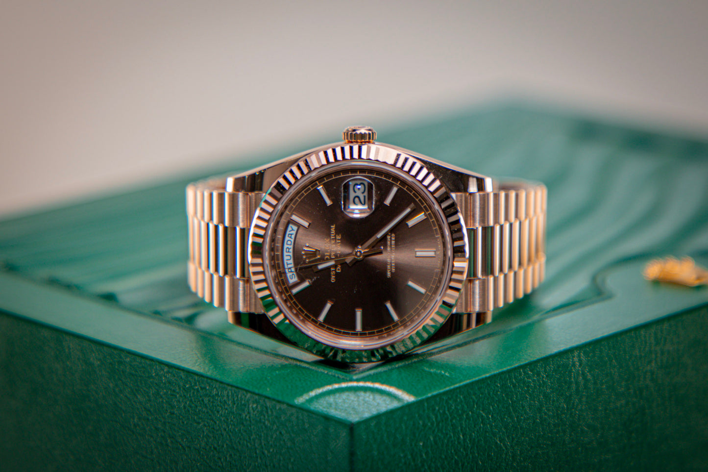 2024 Rolex Day-Date Rose Gold Chocolate Dial Index 228235