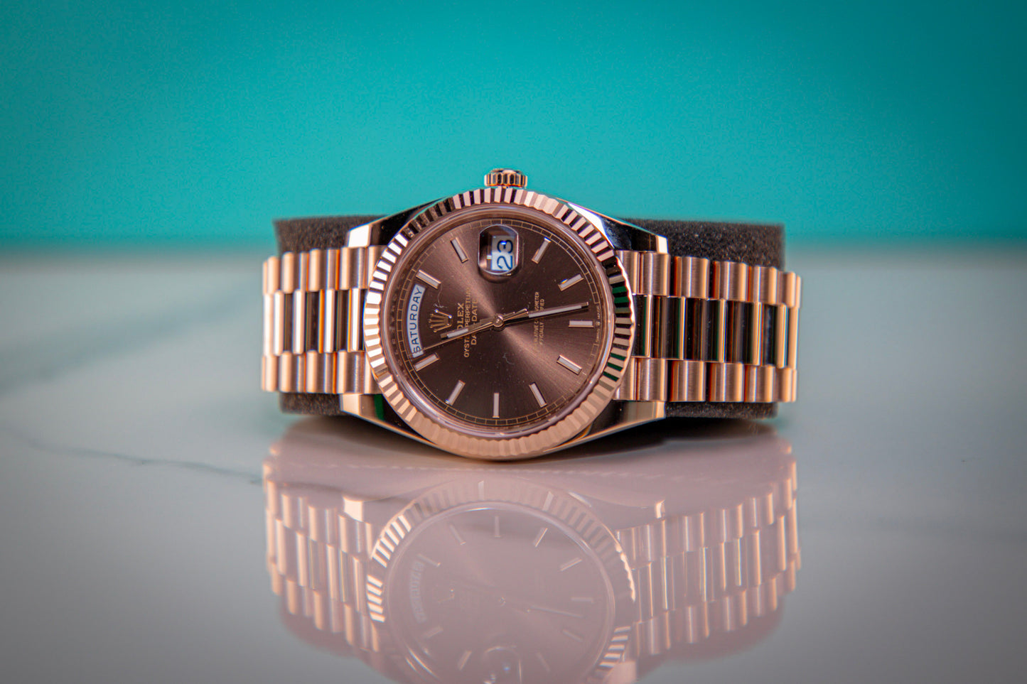 2024 Rolex Day-Date Rose Gold Chocolate Dial Index 228235