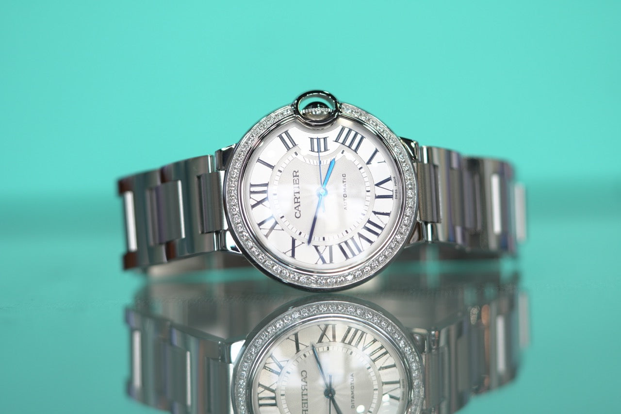 Cartier Ballon Bleu Stainless Steel Diamond Bezel 36mm White Bracelet Watch Only UNK W4BB0024