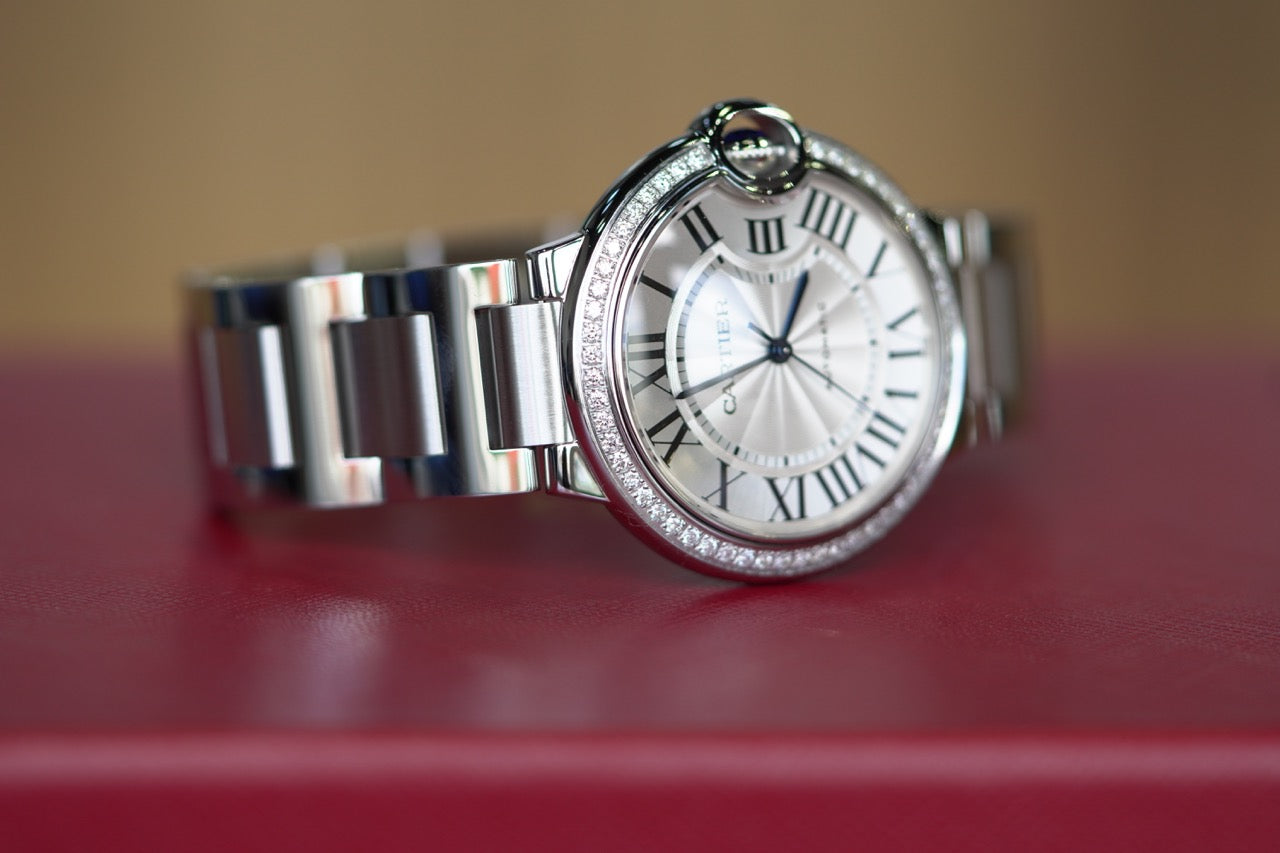 Cartier Ballon Bleu Stainless Steel Diamond Bezel 36mm White Bracelet Watch Only UNK W4BB0024