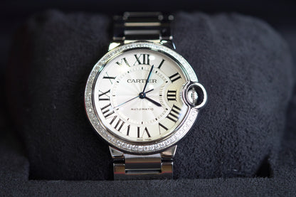 Cartier Ballon Bleu Stainless Steel Diamond Bezel 36mm White Bracelet Watch Only UNK W4BB0024