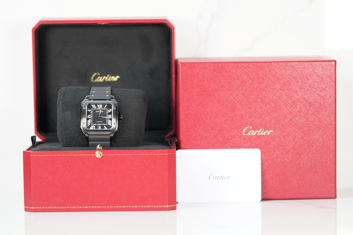 Cartier Santos Stainless Steel Large Black Rubber Box & Papers 2023 WSSA0039