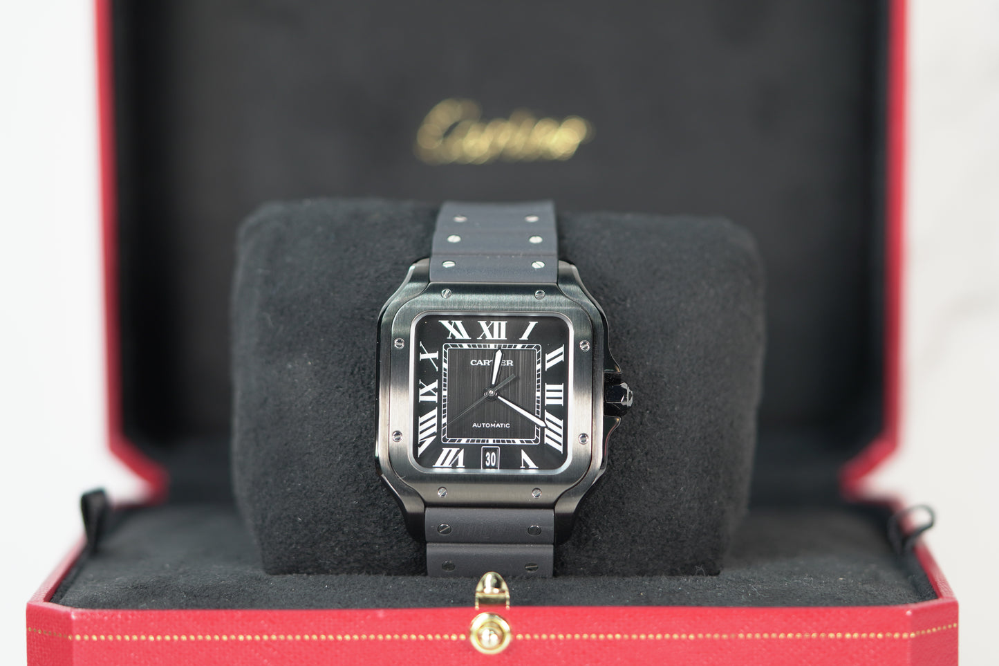 Cartier Santos Stainless Steel Large Black Rubber Box & Papers 2023 WSSA0039