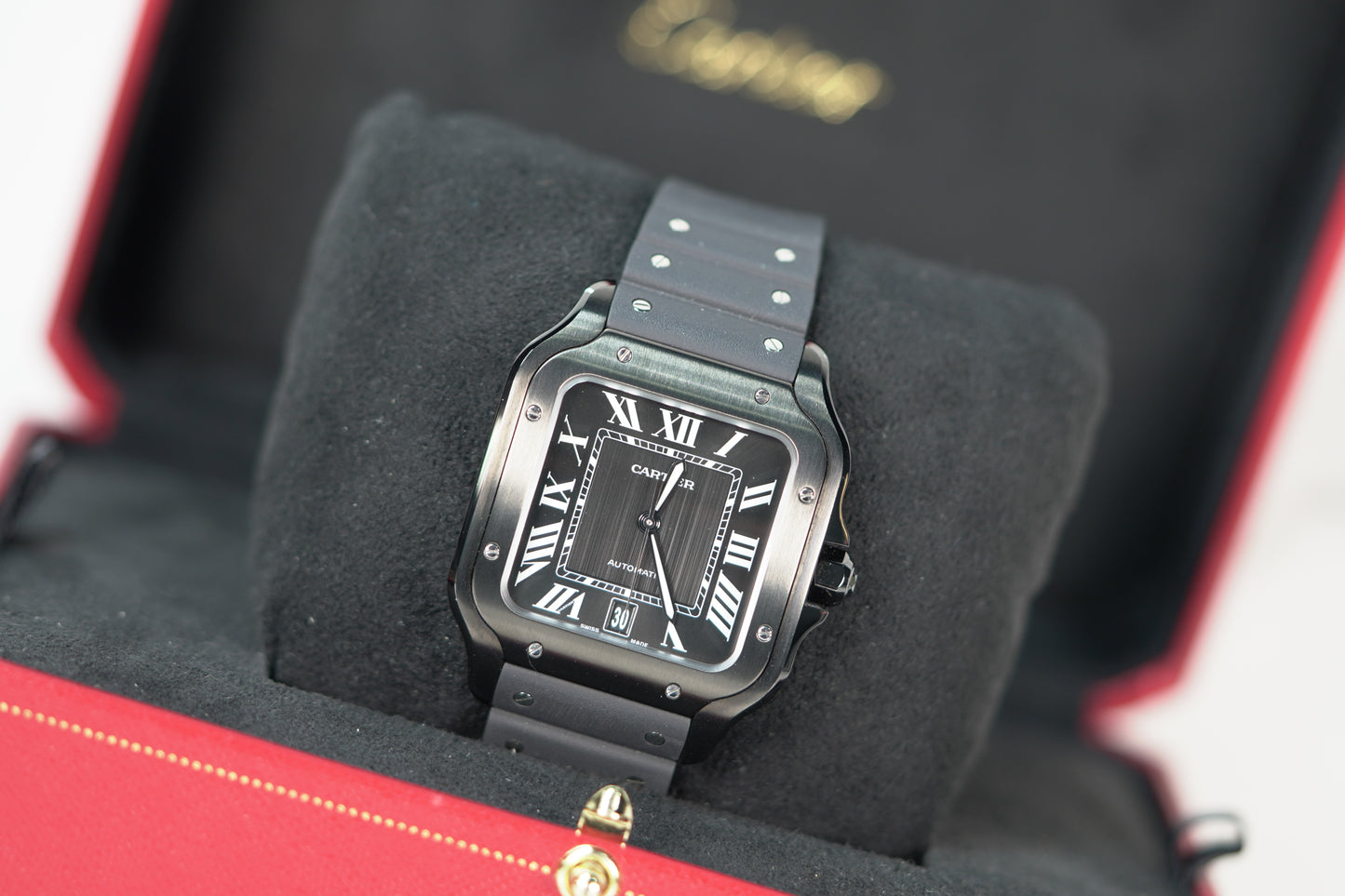 Cartier Santos Stainless Steel Large Black Rubber Box & Papers 2023 WSSA0039