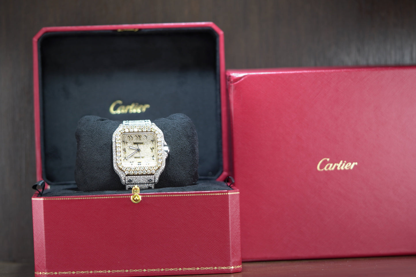 Cartier Santos Large Two Tone Yellow Bustdown 40mm Diamonds Bracelet Watch Only WSSA0018