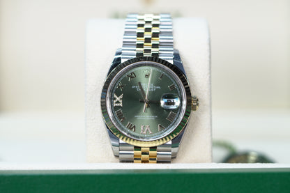 Rolex Datejust Two Tone Yellow Fluted 36mm Green Roman Jubilee Box & Papers 2024 126233