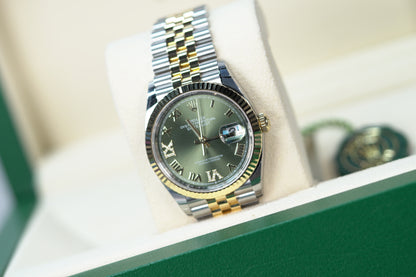 Rolex Datejust Two Tone Yellow Fluted 36mm Green Roman Jubilee Box & Papers 2024 126233