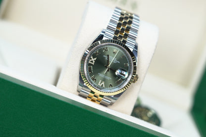 Rolex Datejust Two Tone Yellow Fluted 36mm Green Roman Jubilee Box & Papers 2024 126233