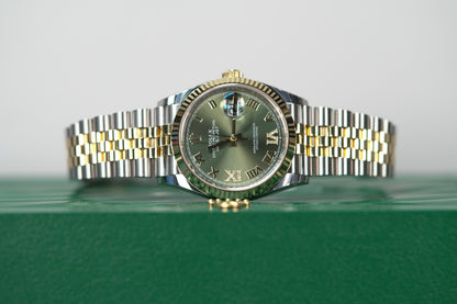 Rolex Datejust Two Tone Yellow Fluted 36mm Green Roman Jubilee Box & Papers 2024 126233