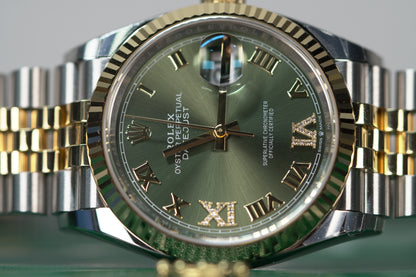 Rolex Datejust Two Tone Yellow Fluted 36mm Green Roman Jubilee Box & Papers 2024 126233