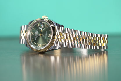 Rolex Datejust Two Tone Yellow Fluted 36mm Green Roman Jubilee Box & Papers 2024 126233