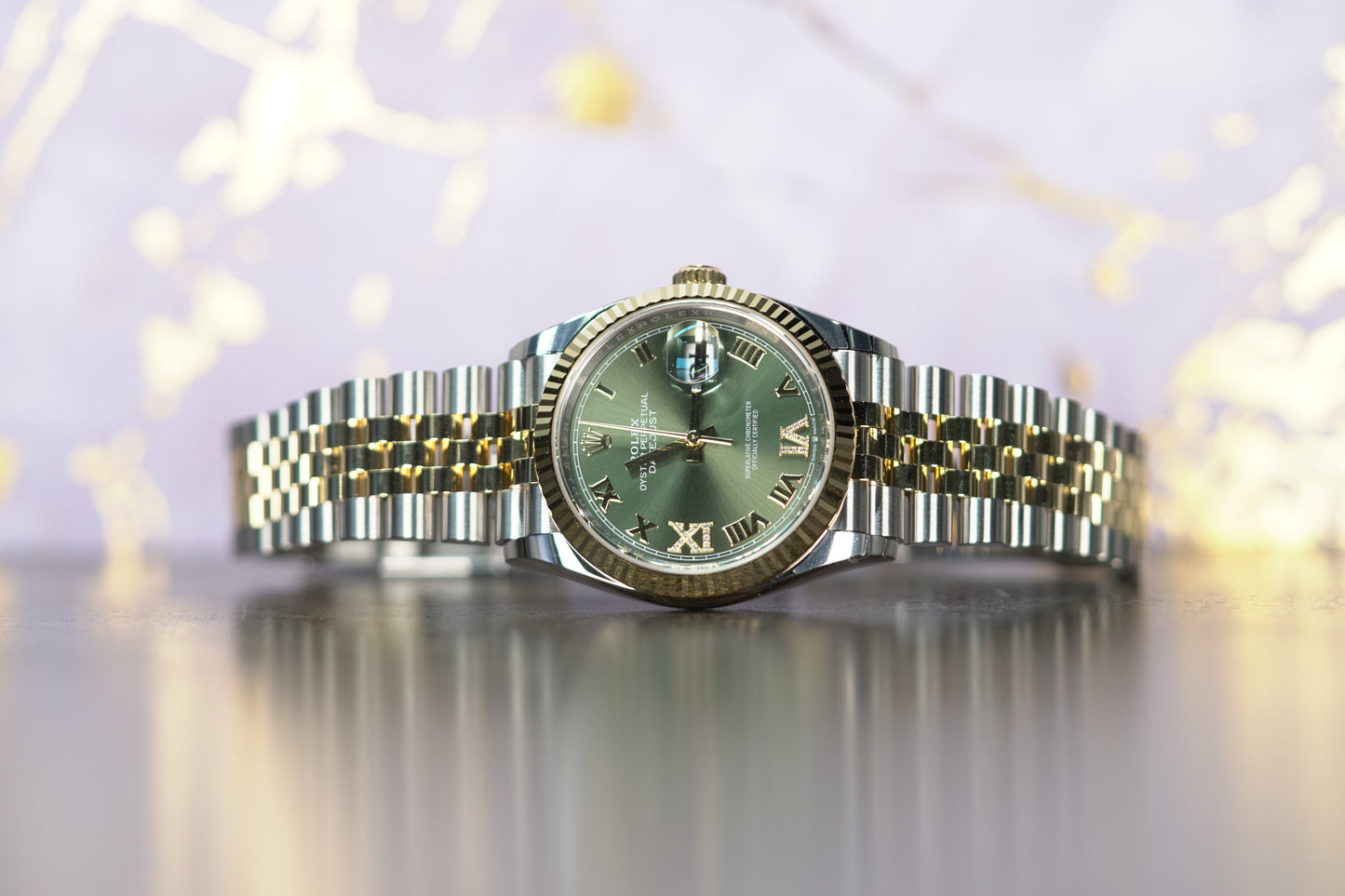 Rolex Datejust Two Tone Yellow Fluted 36mm Green Roman Jubilee Box & Papers 2024 126233