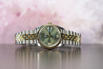 Rolex Datejust Two Tone Yellow Fluted 36mm Green Roman Jubilee Box & Papers 2024 126233