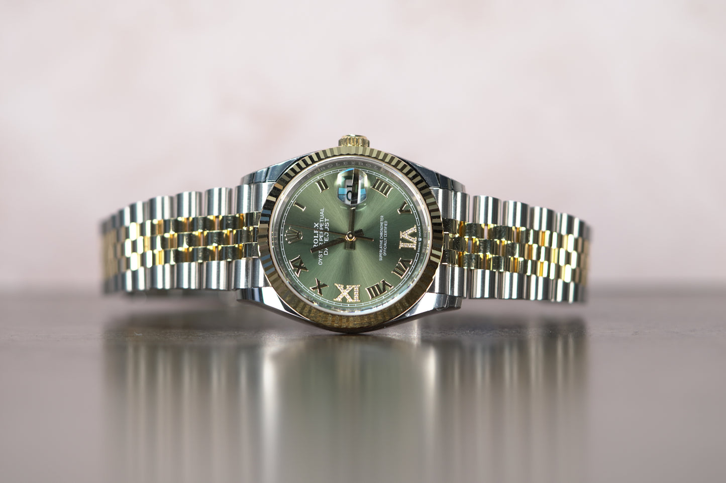 Rolex Datejust Two Tone Yellow Fluted 36mm Green Roman Jubilee Box & Papers 2024 126233