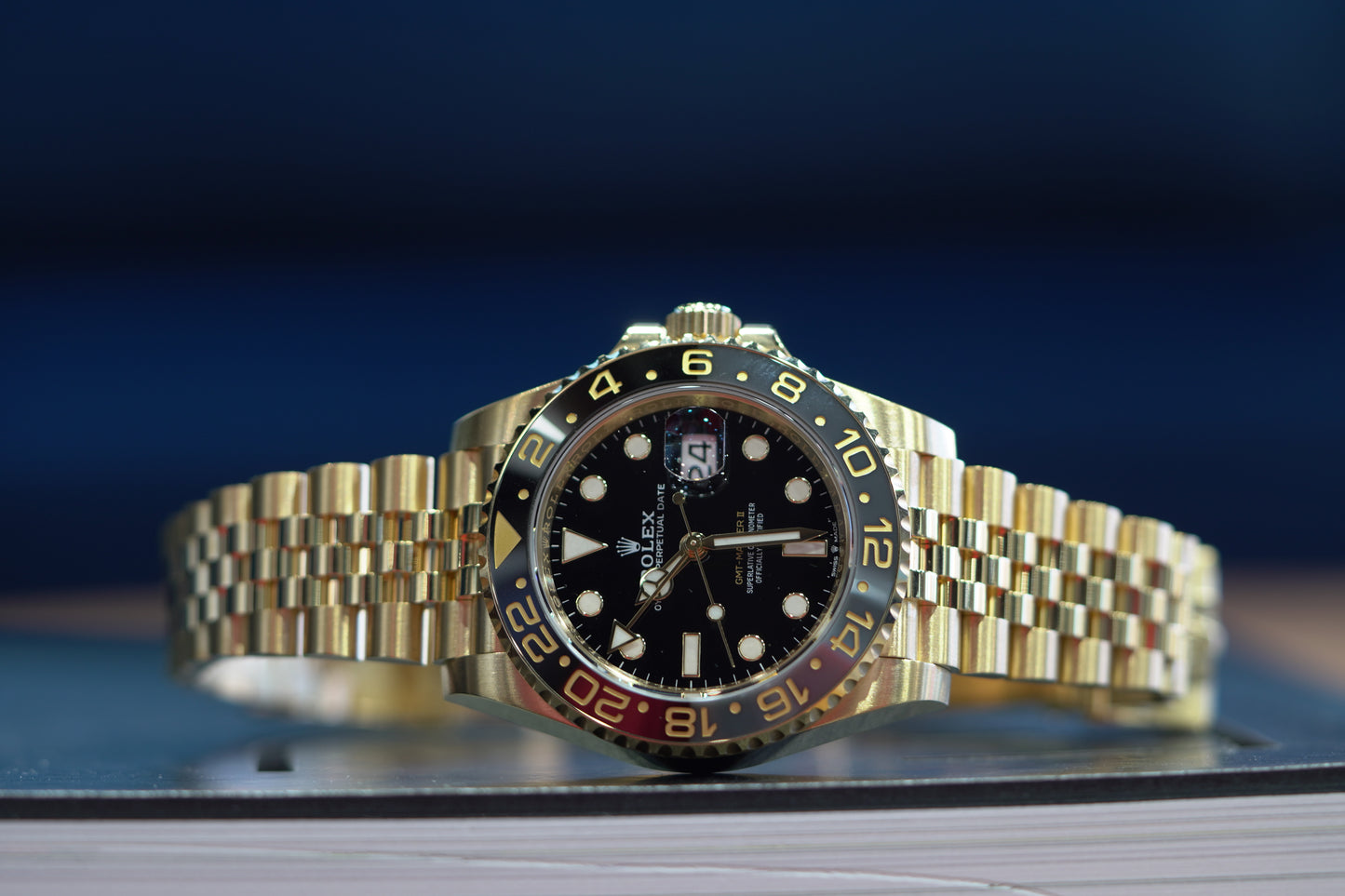 Rolex GMT Master II Yellow Gold 40mm Black Jubilee Box & Papers 126718GRNR