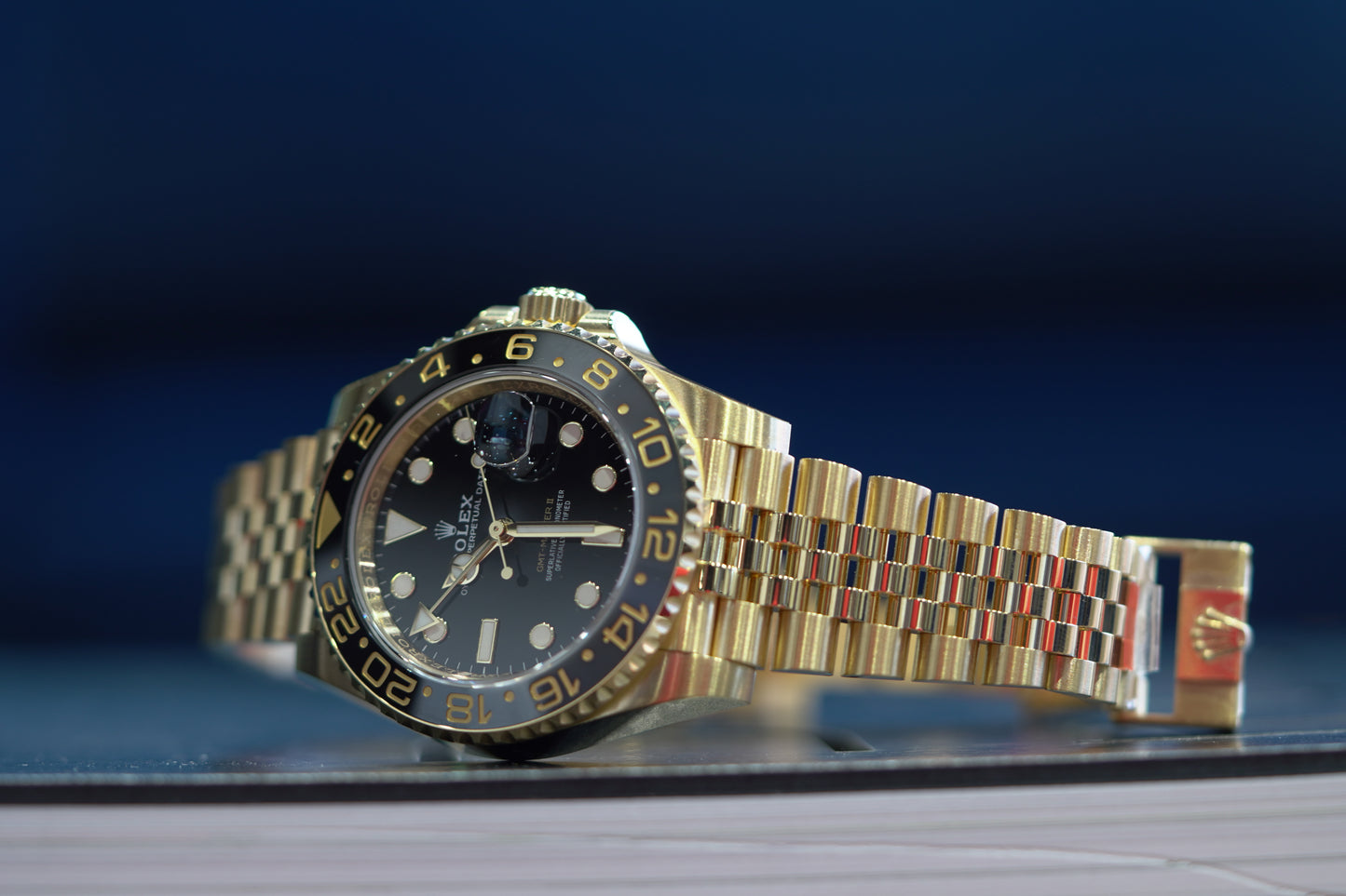 Rolex GMT Master II Yellow Gold 40mm Black Jubilee Box & Papers 126718GRNR