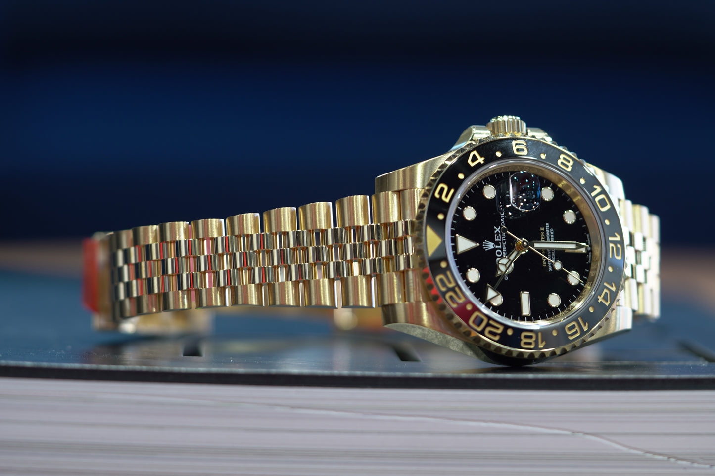 Rolex GMT Master II Yellow Gold 40mm Black Jubilee Box & Papers 126718GRNR