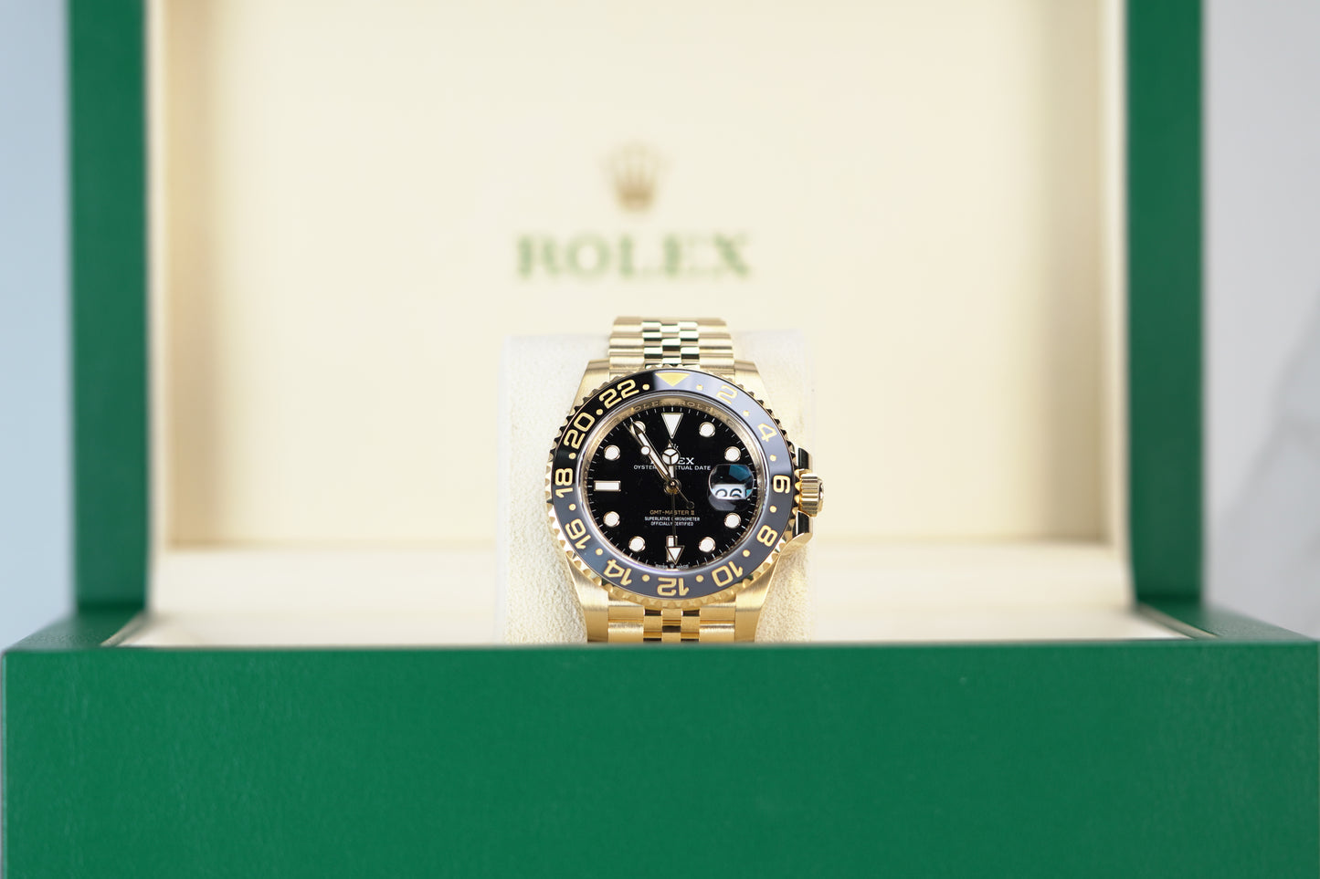 Rolex GMT Master II Yellow Gold 40mm Black Jubilee Box & Papers 126718GRNR