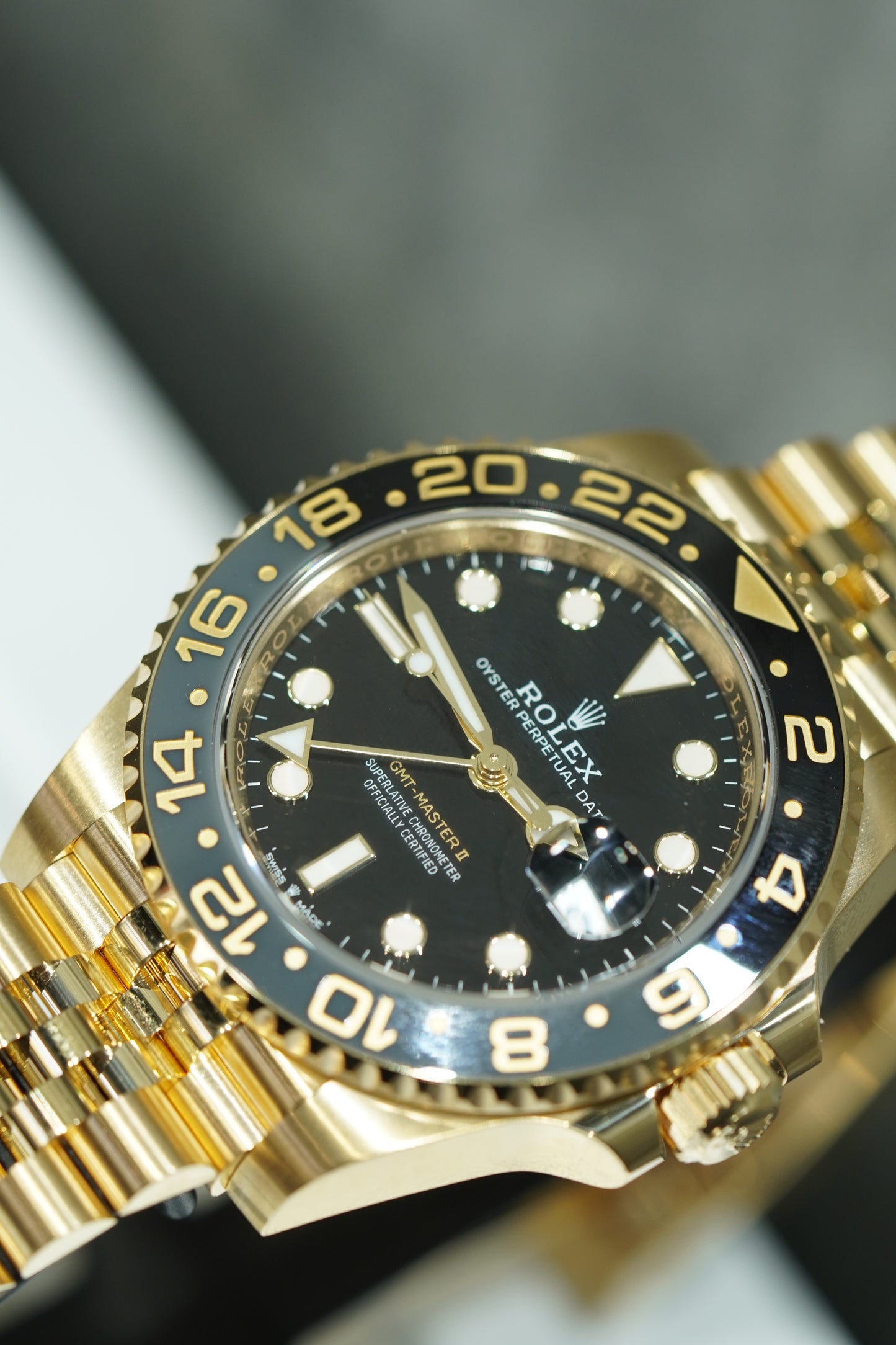 Rolex GMT Master II Yellow Gold 40mm Black Jubilee Box & Papers 126718GRNR