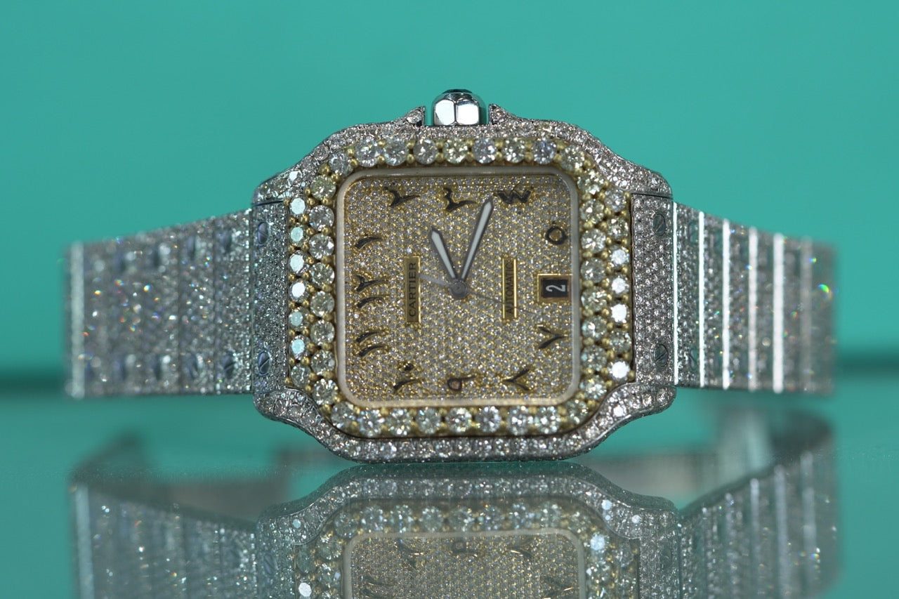 Cartier Santos Large Two Tone Yellow Bustdown 40mm Diamonds Bracelet Watch Only WSSA0018