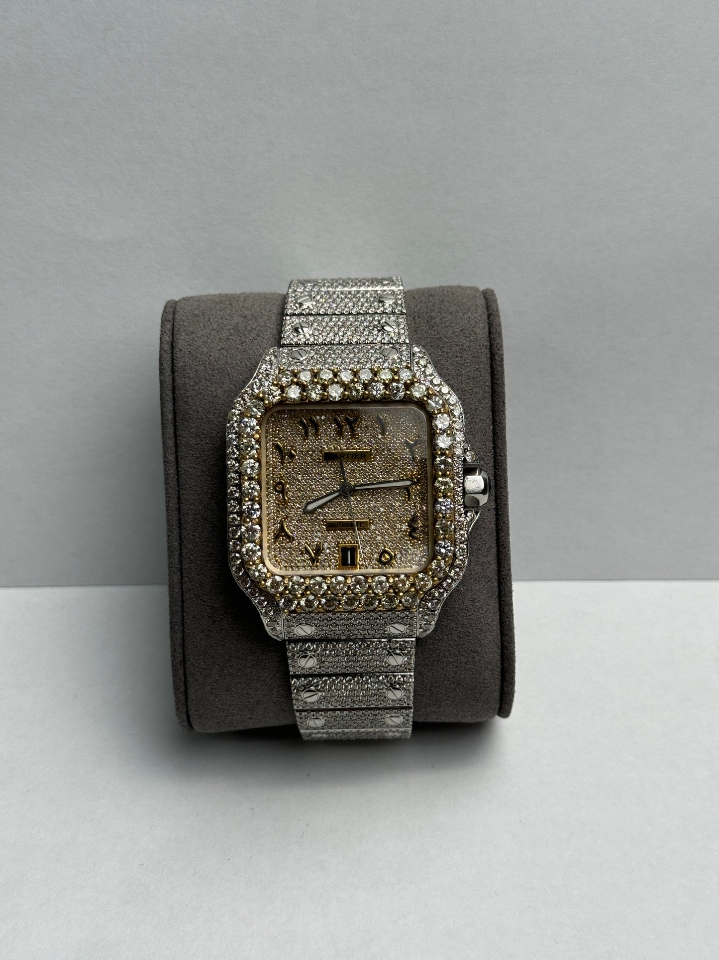 Cartier Santos Large Two Tone Yellow Bustdown 40mm Diamonds Bracelet Watch Only WSSA0018