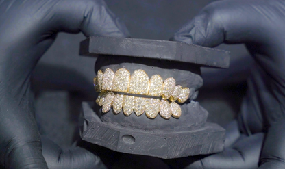 Solid Yellow Gold Round White Diamond Honey Comb Grillz