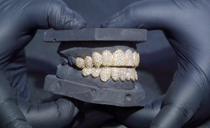 Solid Yellow Gold Round White Diamond Honey Comb Grillz