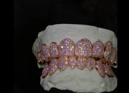 Solid Rose Gold Round White Diamond Honey Comb Grillz